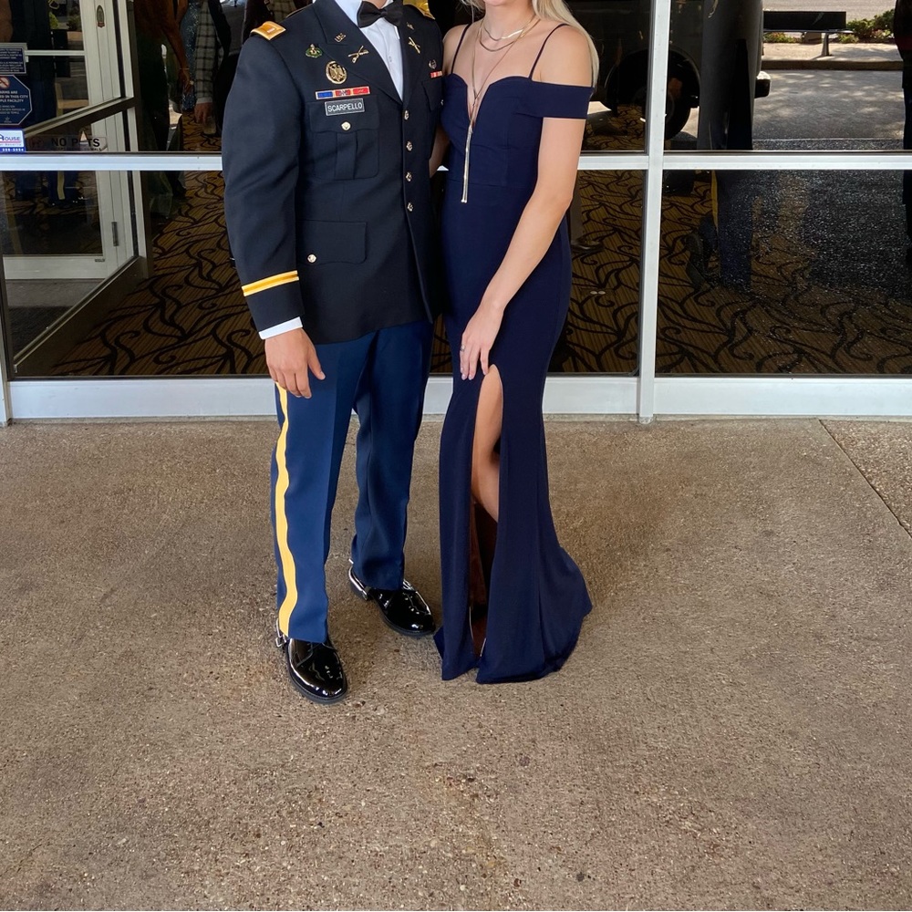 long navy blue off the shoulder dress